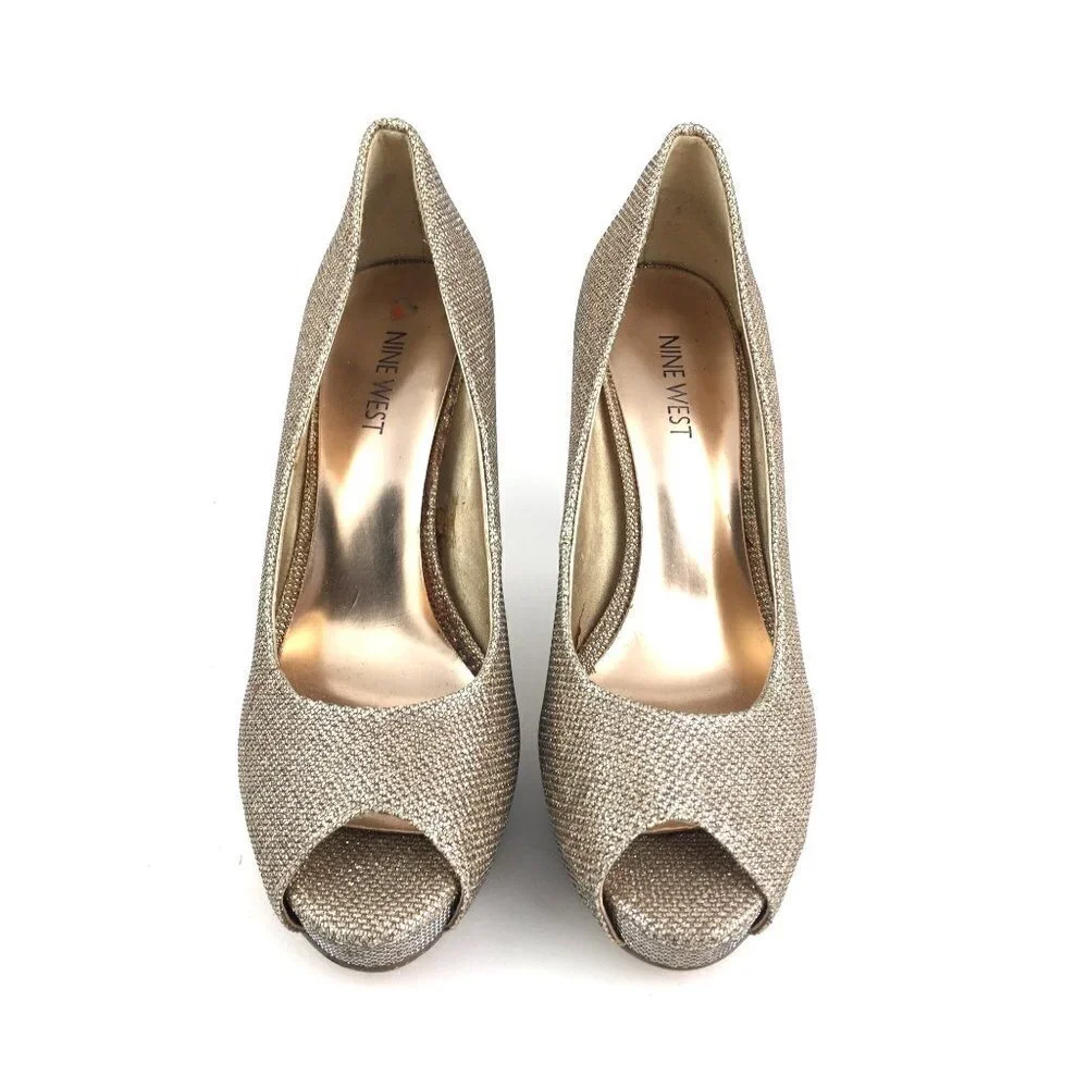 Nine West Gold Metallic Peep Toe Heels Size 7M